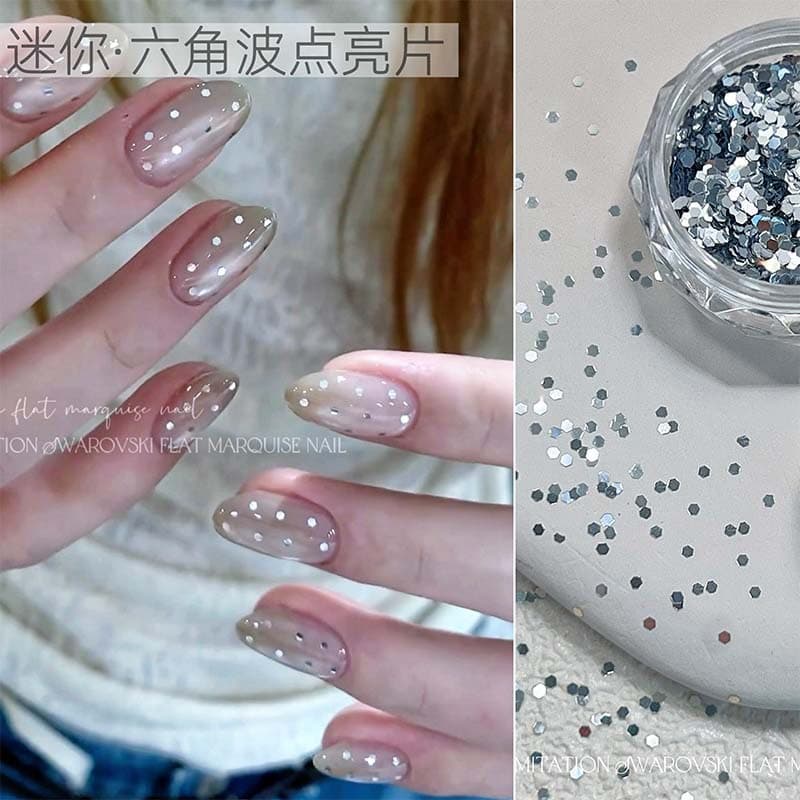 Mini Hexagon Polka Dot Glitter Nail Art Decals, Viral Sparkle Simple Silver Cat Eye Polka Dot Laser Nail Glitter