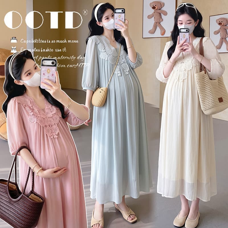 Pregnant Women Korean Style High-End Heavy V-Neck Lace Trim Fairy Dress Summer New Loose Fitting Slimming Long Dress