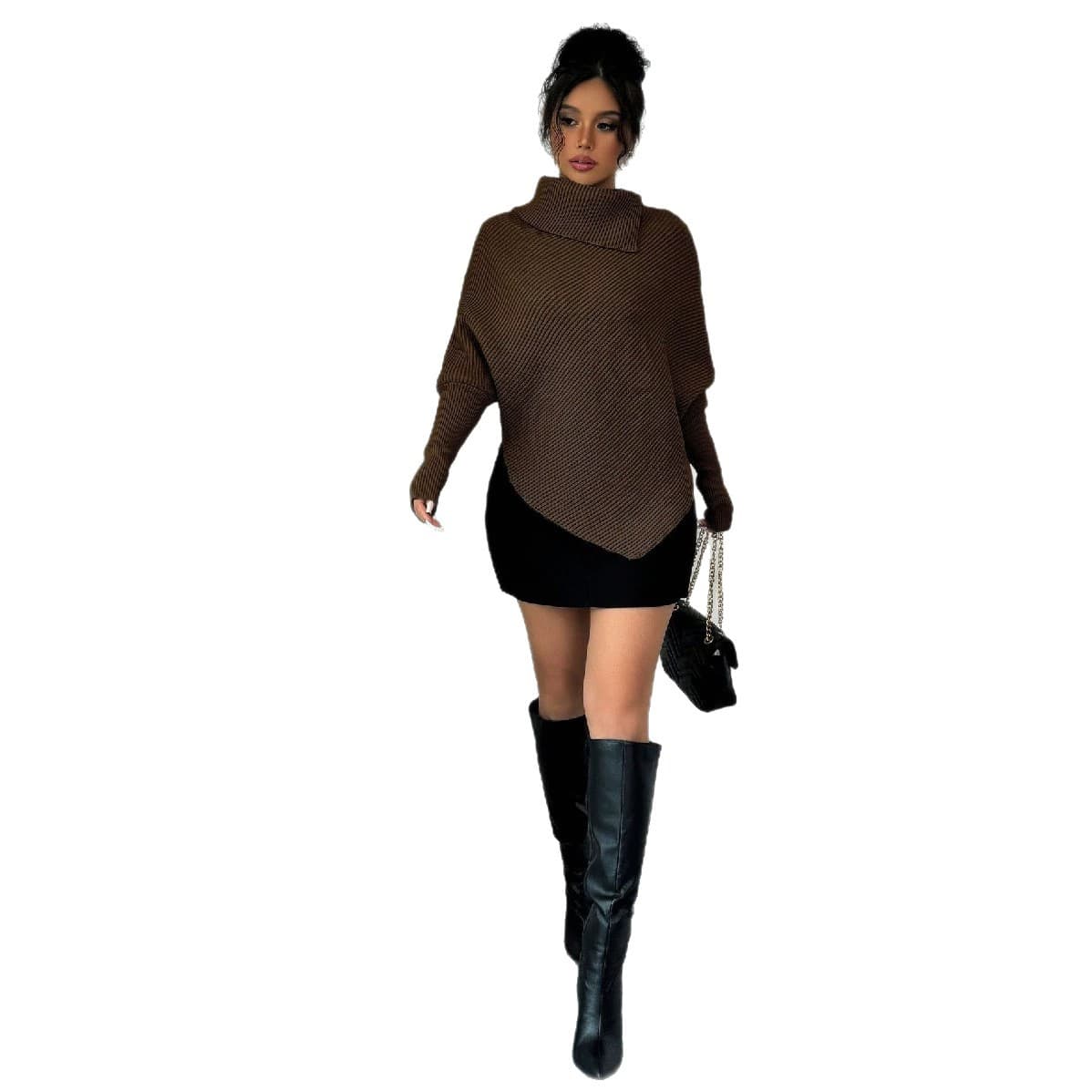 Women's Solid Color High Neck Asymmetric Hem Batwing Sleeve Long Sleeve Knit Top for Cross-Border Trade