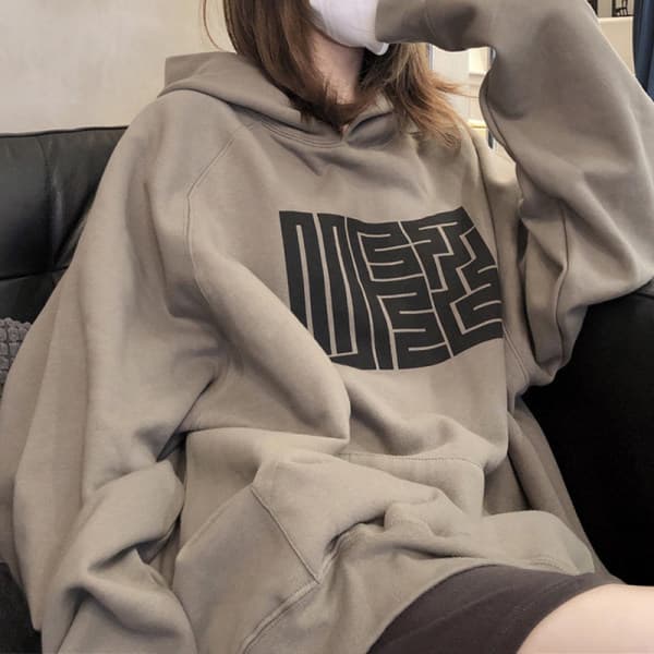 Retro Fleece Hoodie Women's Loose Fit Student Print Oversized Jacket Comfortable Polyester Long Sleeve Mid-Length Sweatshirt