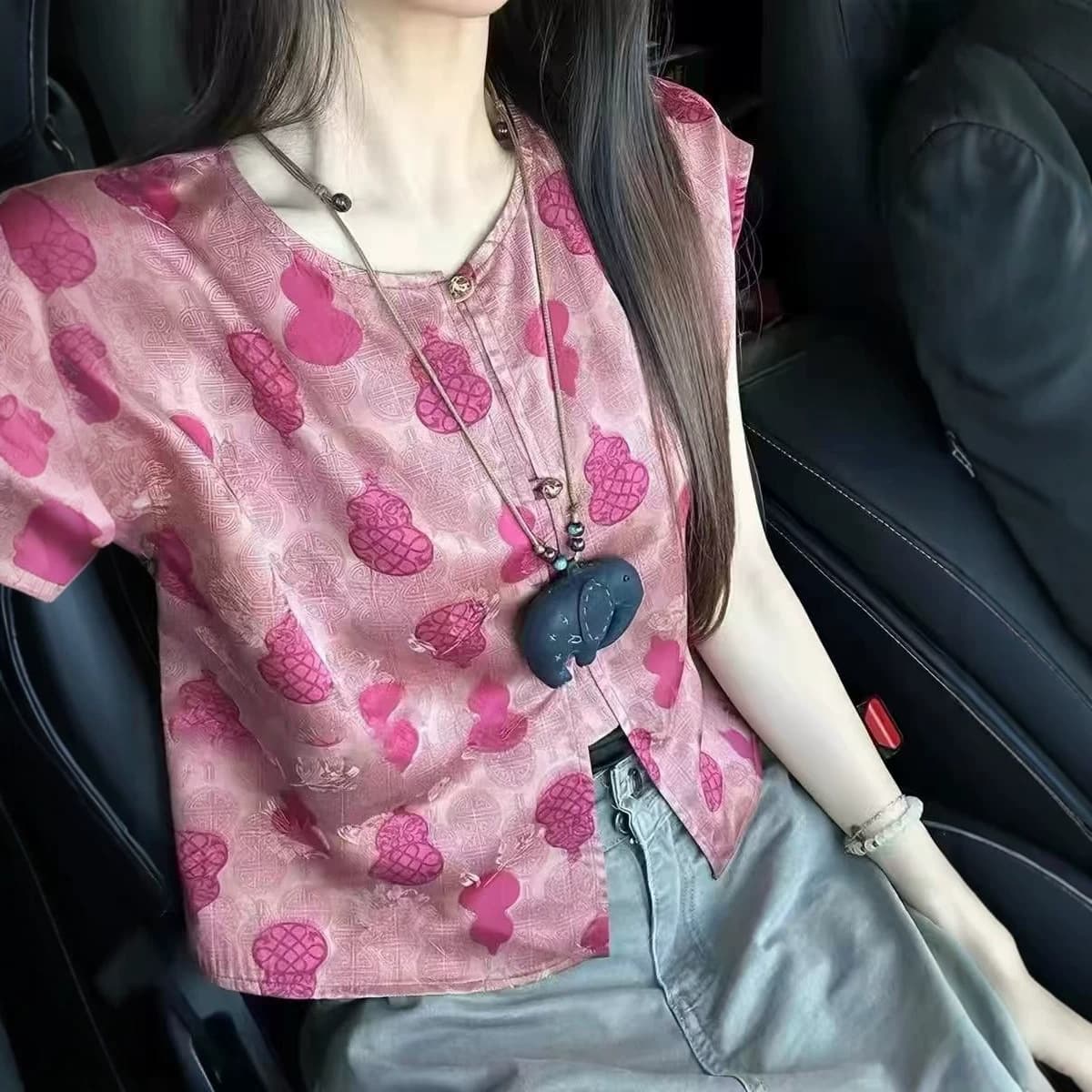 New Chinese-Style Satin Jacquard Short-Sleeved Vest Top
