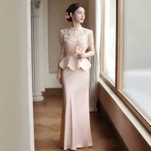 New Chinese-style Pink Cheongsam Set for Bride, Elegant Engagement Dress, National Style Wedding Dress, Slimming Bridal Gown