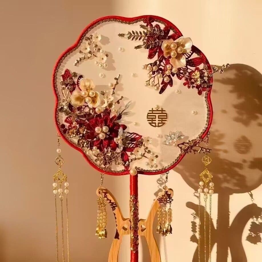 Vintage Round Fan for Bride Wedding Chinese Traditional Wedding Fan Hand Bouquet DIY Finished Fan