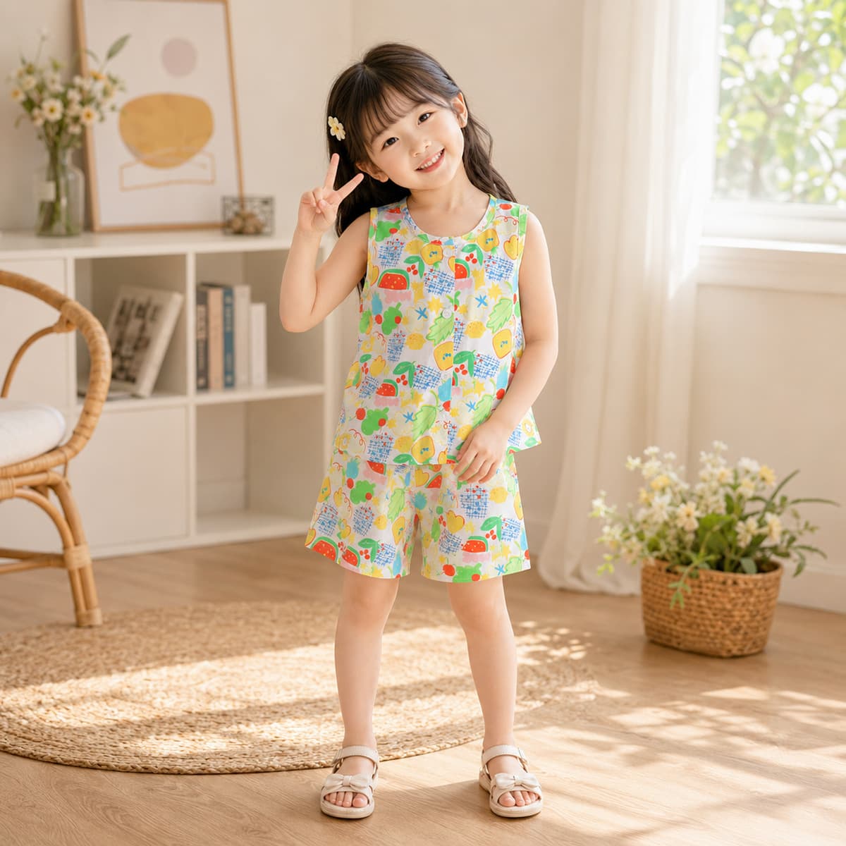 Summer cotton silk children's vest suit for boys and girls thin cotton silk cardigan shorts two-piece baby sleeveless suit