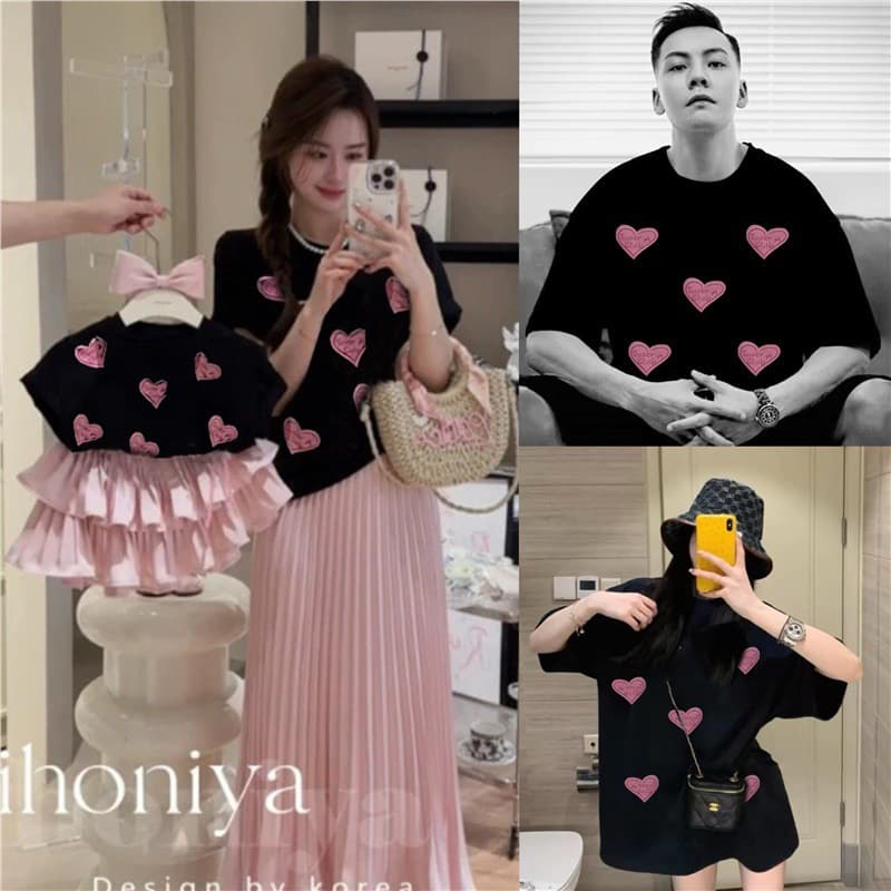 Baby 100 Days Photo Family Matching Outfit Summer Beach Vacation Family Set Mother Daughter Mother Son Heart Print Short Sleeve T-Shirt