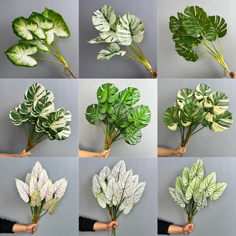 Realistic faux turtleback leaves, indoor artificial plants, simulated green plants, turtleback bamboo, caladium leaves, wedding props