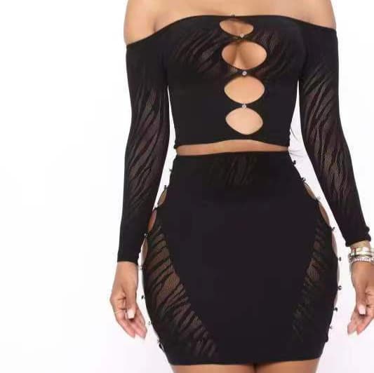 European and American Nightclub Style Sexy Studded Pearl Tight Long-Sleeve Bodysuit with Hip-Hugging Skirt Two-Piece Set