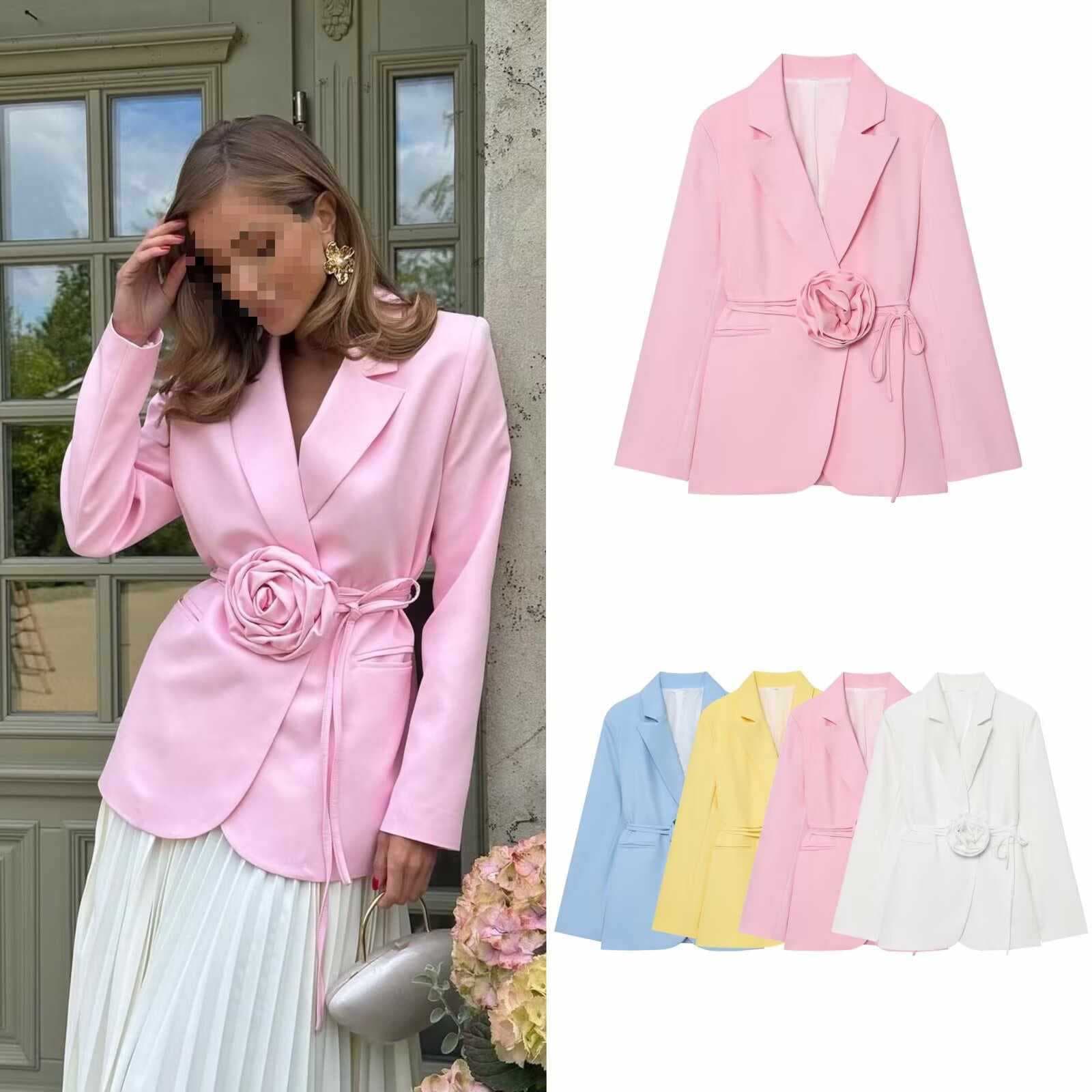 Women's Autumn Office Casual Loose Fit Belted 3D Floral Blazer Jacket