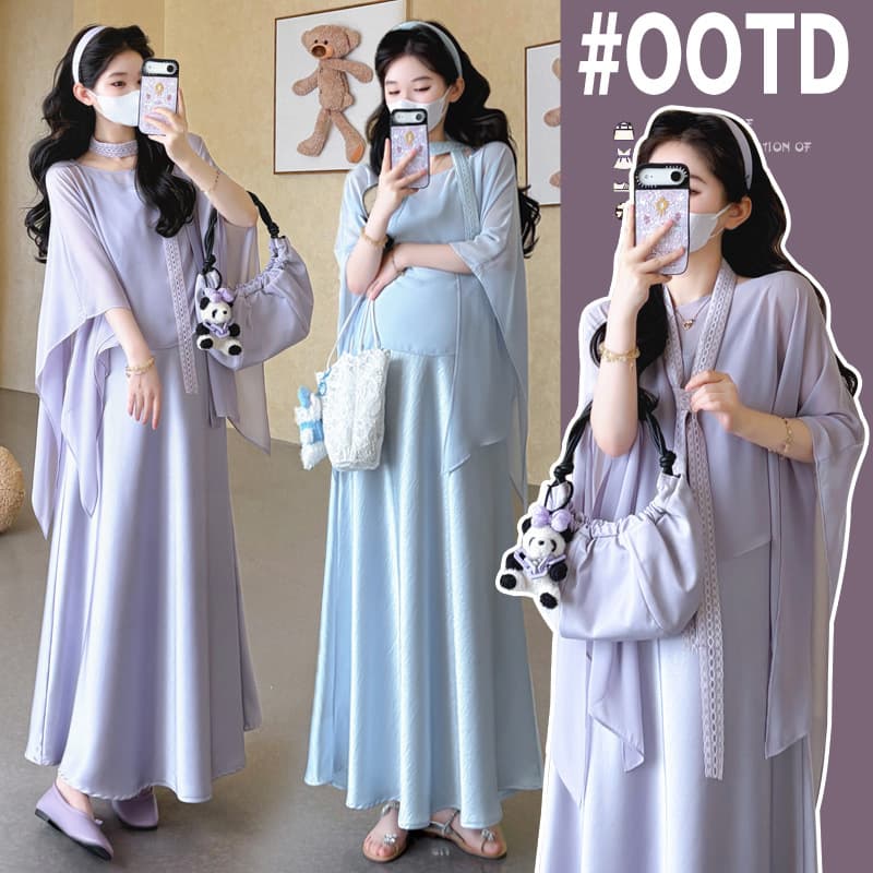 Maternity Dress Summer Pregnant Women French Style High-End Purple Satin Acetate Slip Dress Two-Piece Set Summer Outfit