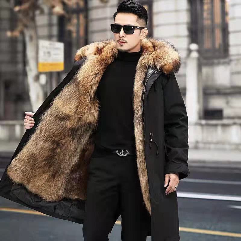 Men's Parka with Detachable Lining Fox Raccoon Fur Fleece Imitation Fur Coat Large Size Mid-Length Fur-Integrated