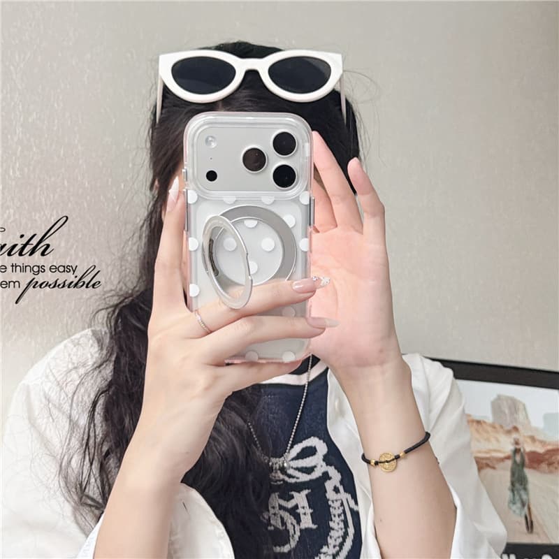 Ins Style Pink and White Polka Dot 360 Integrated Stand Phone Case for iPhone 15 Pro Max Apple 17 Protective Cover