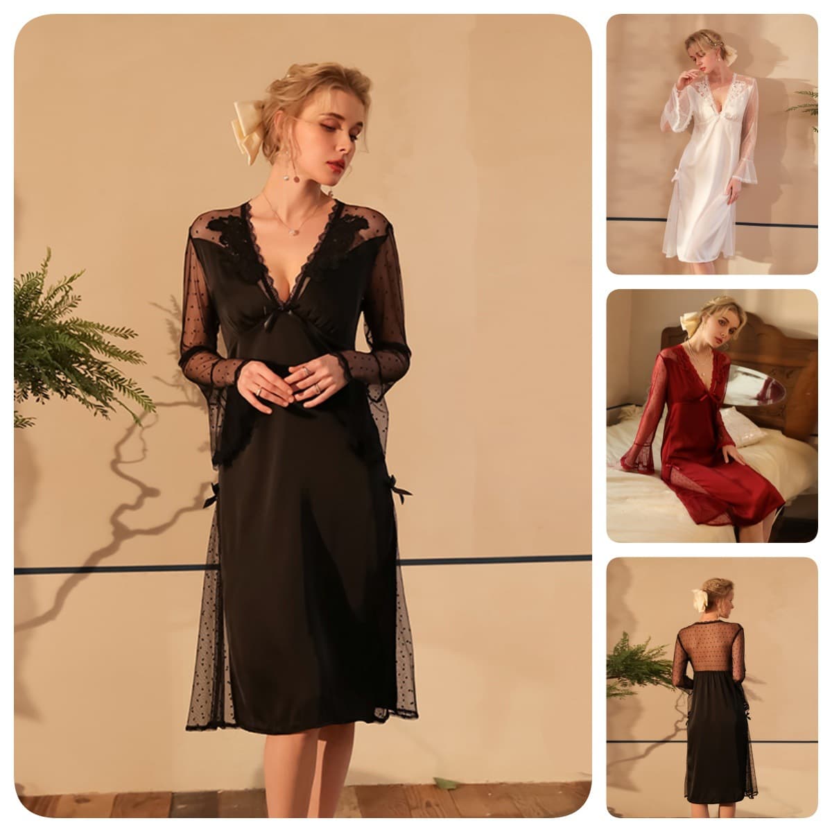 Light Luxury Vintage Mesh Nightgown for Women Polka Dot Sheer Lace Patchwork V-Neck Long Sexy Home Sleepwear 535