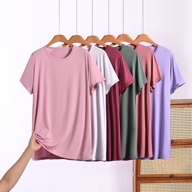 Summer Modal Plus Size Round Neck Short Sleeve T-Shirt, Loose Casual Mid-Length Top for Women, New Casual Top