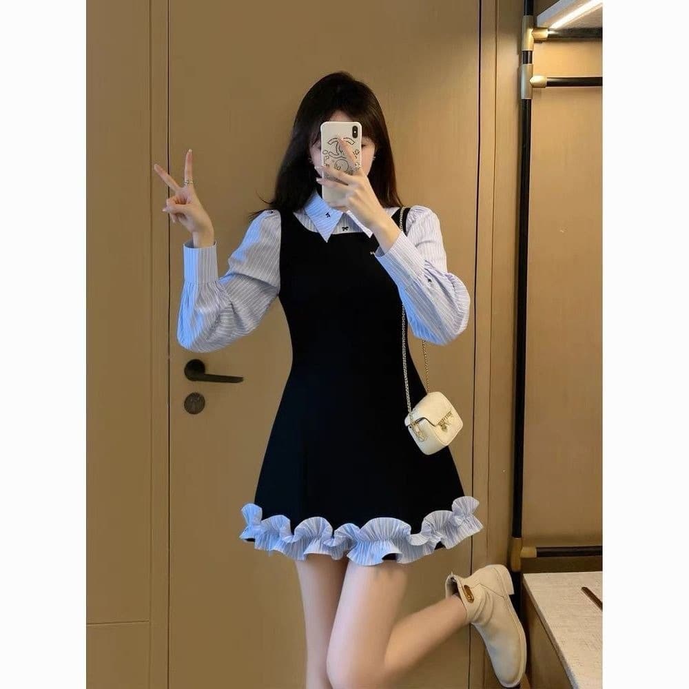 Korean Academic Style Two-Piece Look Dress for Women Fall 2026 New Trendy Short Dress