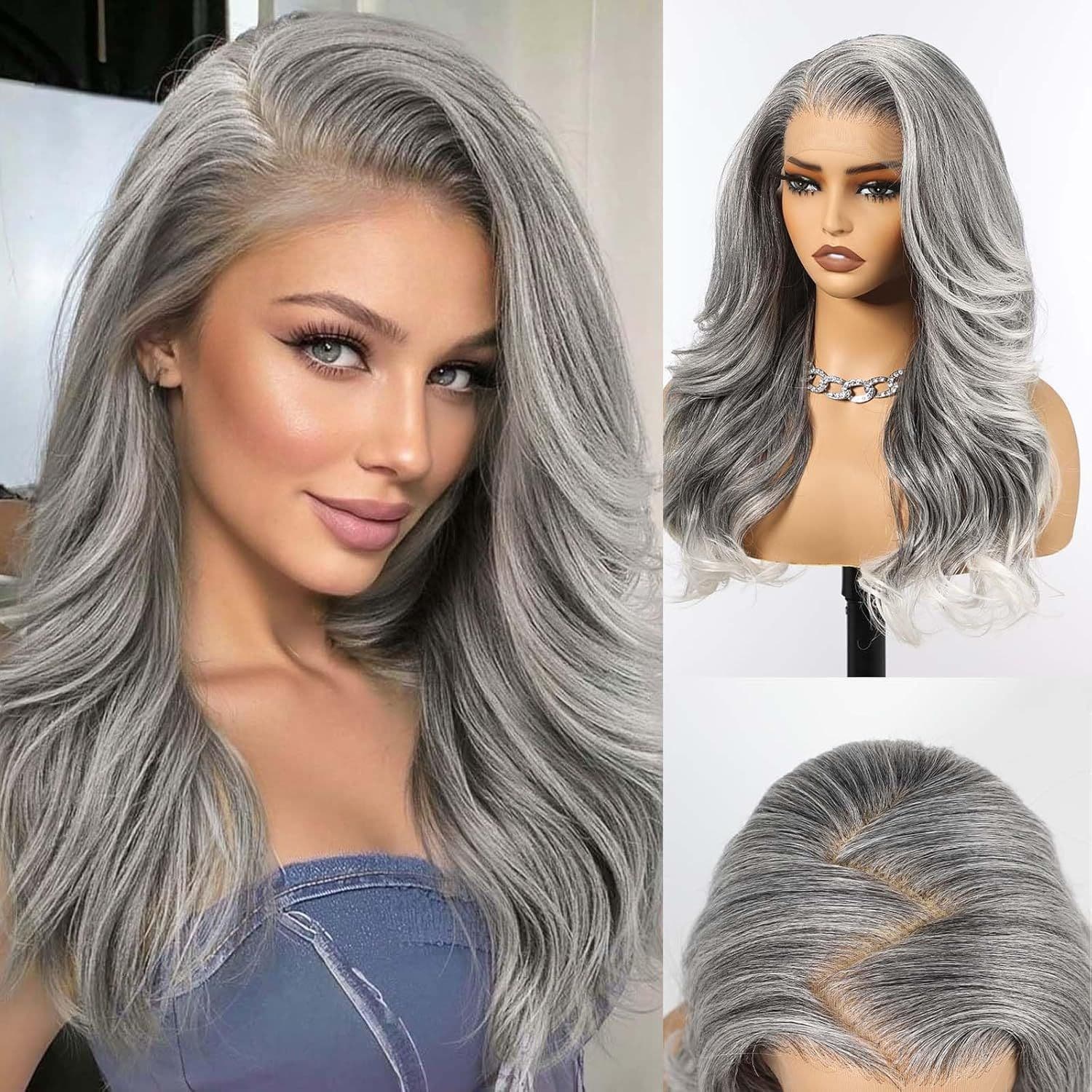New Export Lace Front Synthetic Wig Silver White Big Wave Heat-Resistant Fiber Wig