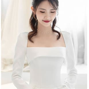 Satin French Vintage Hepburn Style Long Sleeve Simple and Elegant Cover Arms Bridal Dress with Backless Zipper Low Cut Train