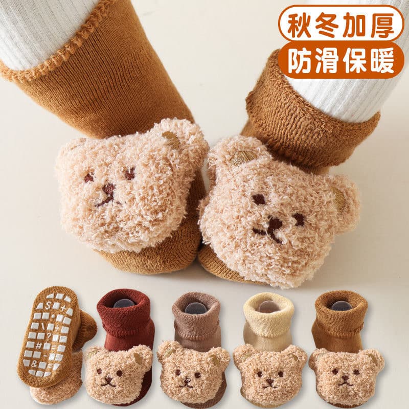 Baby Socks with 3D Plush Toy, Terry Lined, Thickened for Autumn/Winter, Mid-Calf Non-Slip Floor Socks for Toddlers Learning to Walk