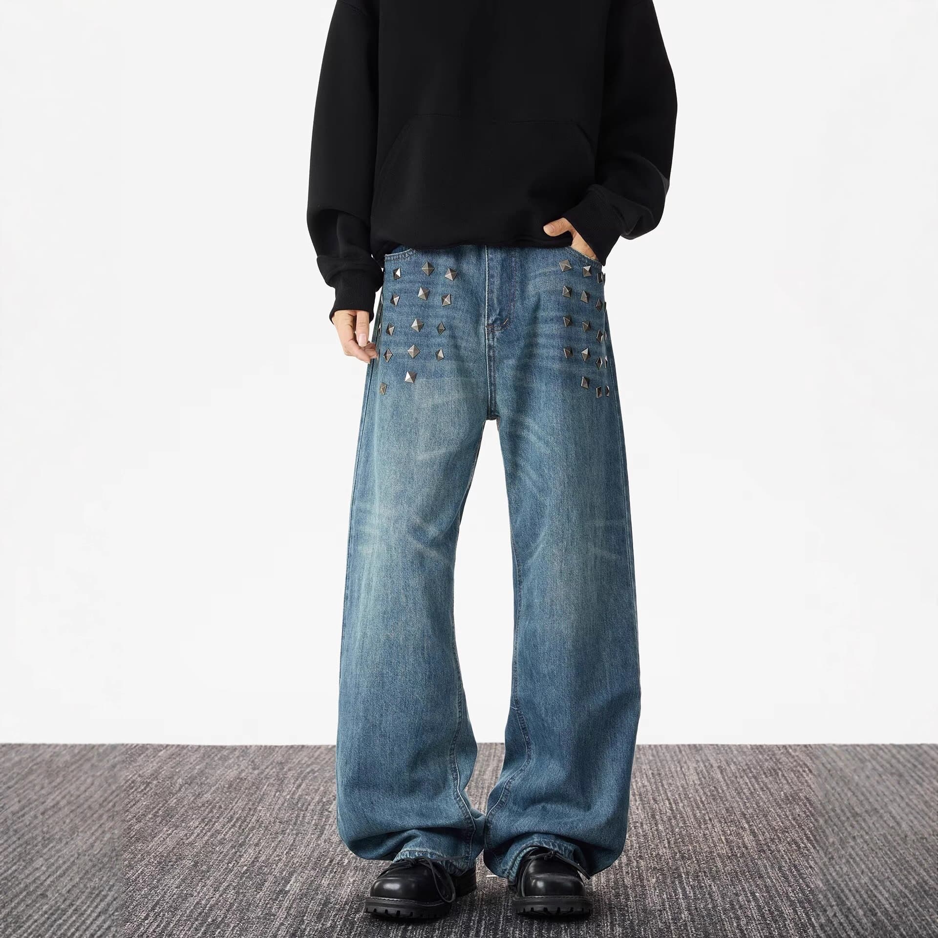 Cross-border foreign trade American retro lazy relaxed pants men's design niche rivet punk jeans for couples