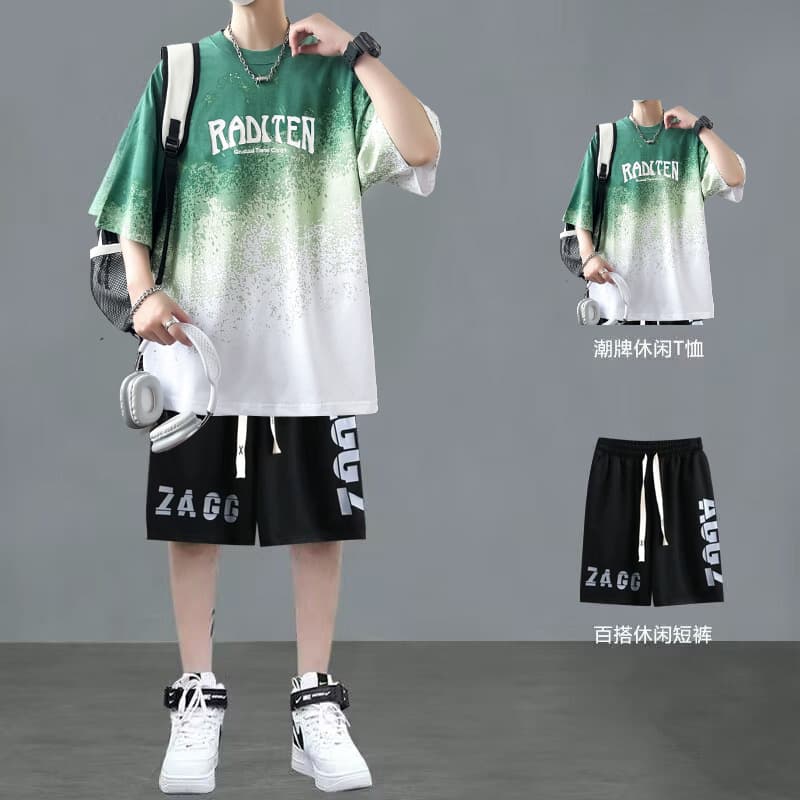 Summer 13- to 15-year-old youth T-shirt short-sleeved junior high school and high school boys trendy casual sports suit two-piece set