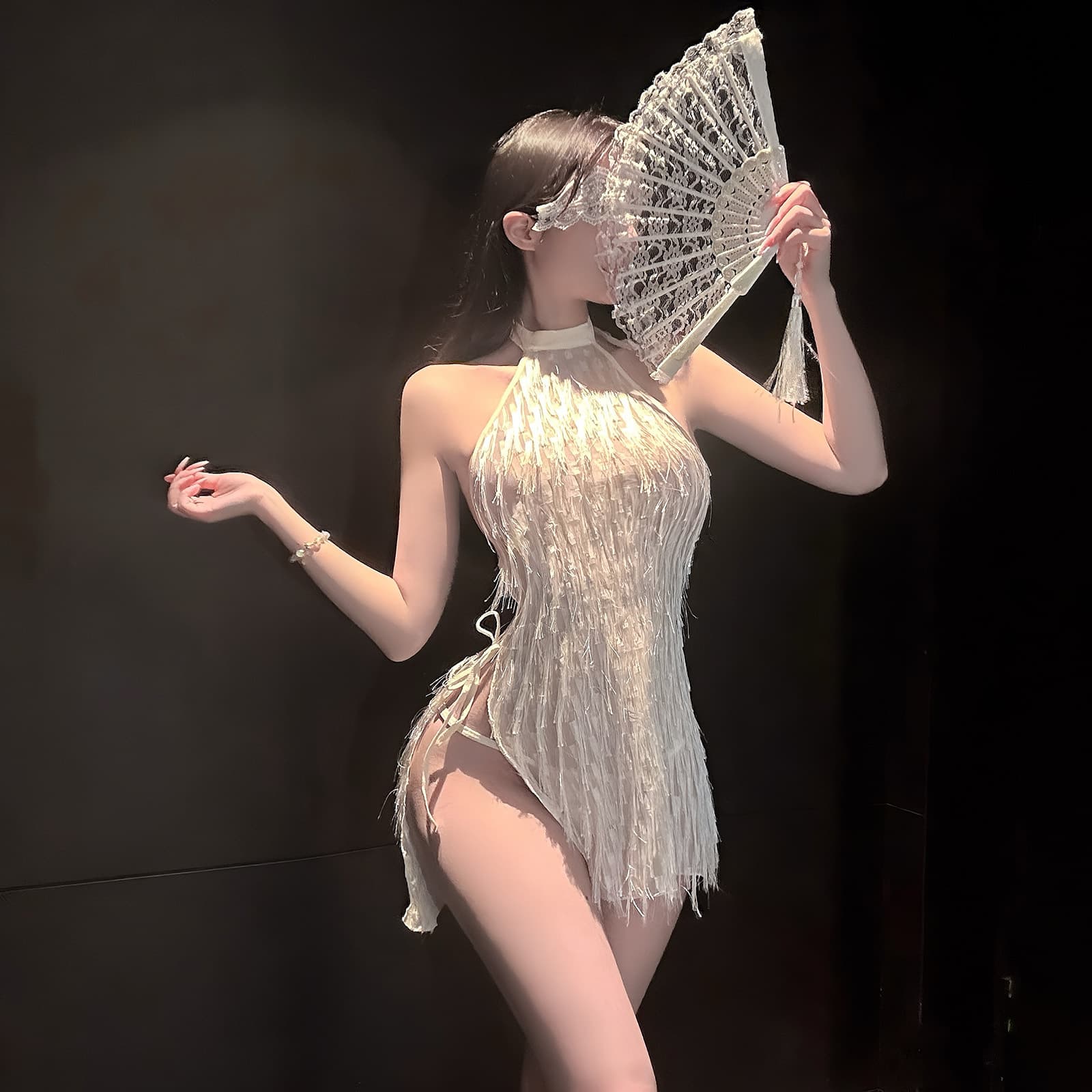 Qingshe Lingerie Sexy Pure Desire Atmosphere Feather Tassel Waterfall Shimmer Gradient Dress Backless Set