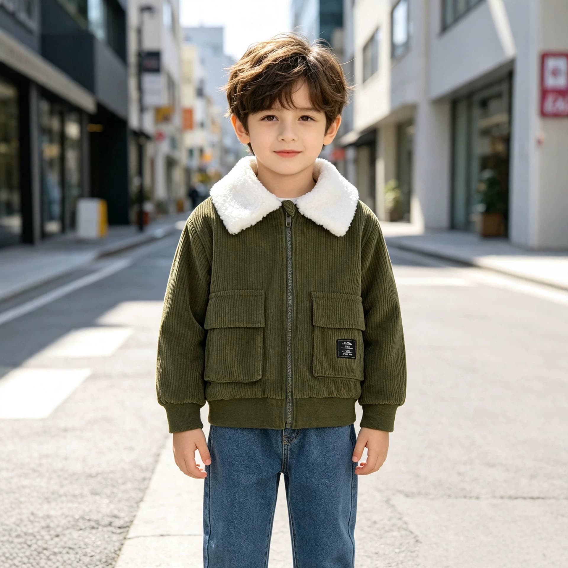 Low price clearance boys corduroy autumn and winter army green imitation lambswool lapel work jacket plus velvet thickened coat