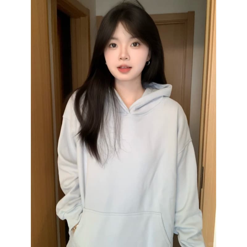 Trendy Milk Blue Hoodie with Thick Fleece Lining for Women Fall Winter Oversize Coat Loose Casual Top