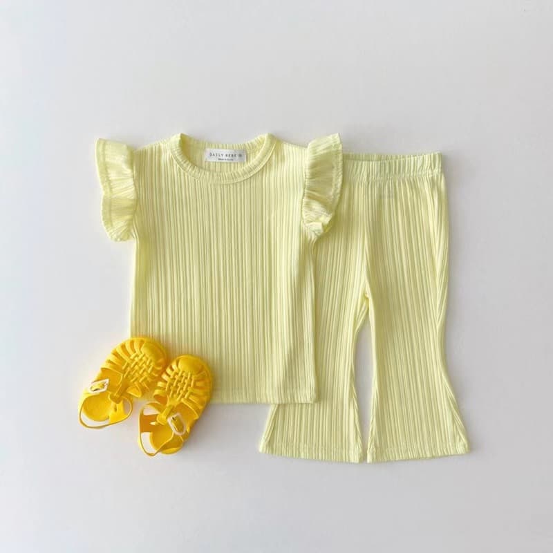 Korean Style Kids Summer Flared Pants Cool Pleated Casual Set Children Flutter Sleeve Ribbed Lady Two-Piece Thin Set