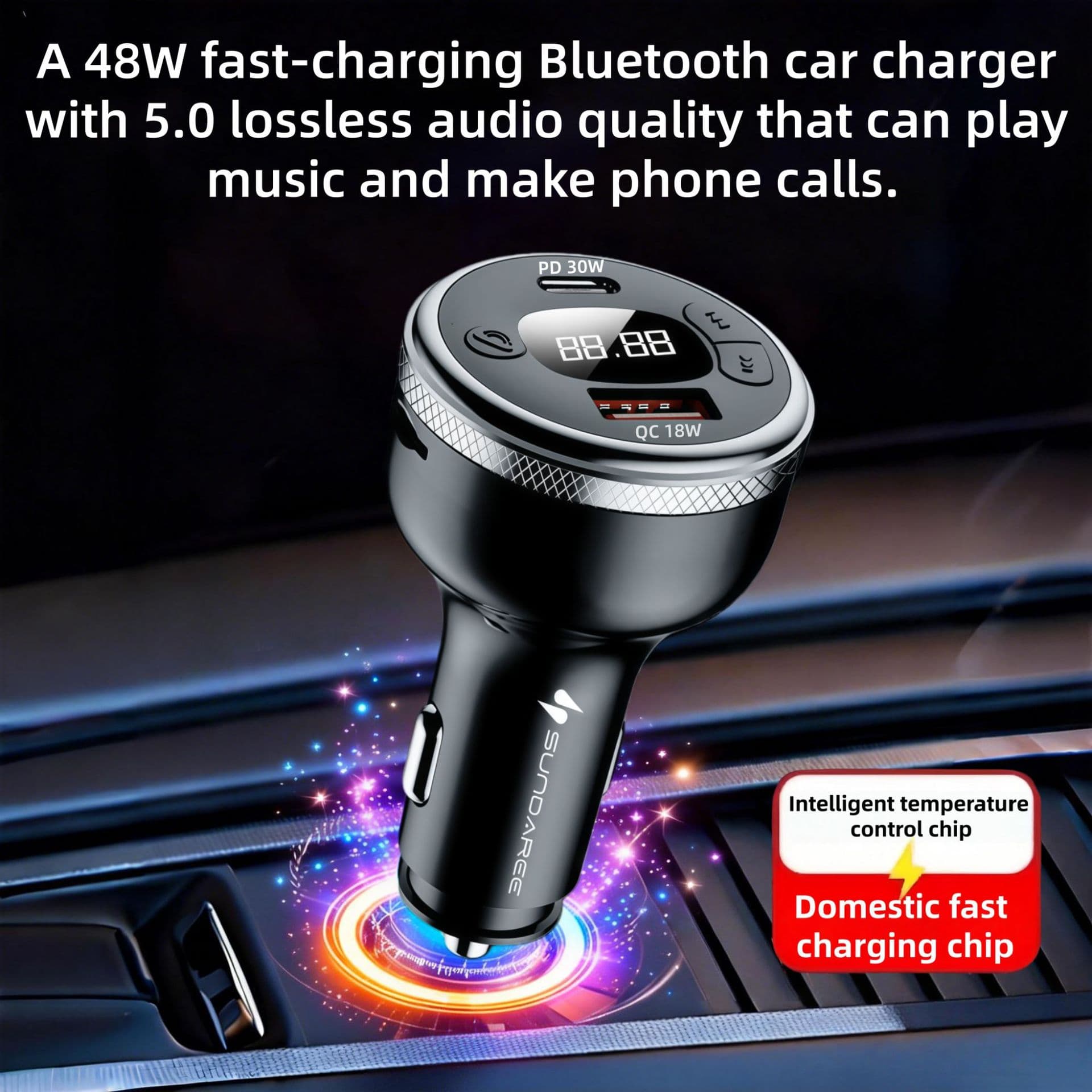 Cross-Border Bluetooth 5.0 Car Mobile Phone Charger Super Fast Charging Digital Display MP3 Player USB Flash Drive Call Car Charger