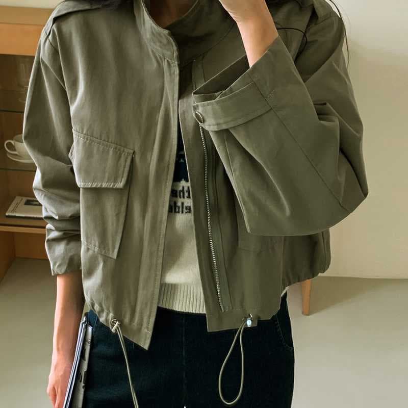 Fall Korean Style Short Versatile Large Pocket Blended Cotton Durable Workwear Long Sleeve Drawstring Hem Jacket for Women