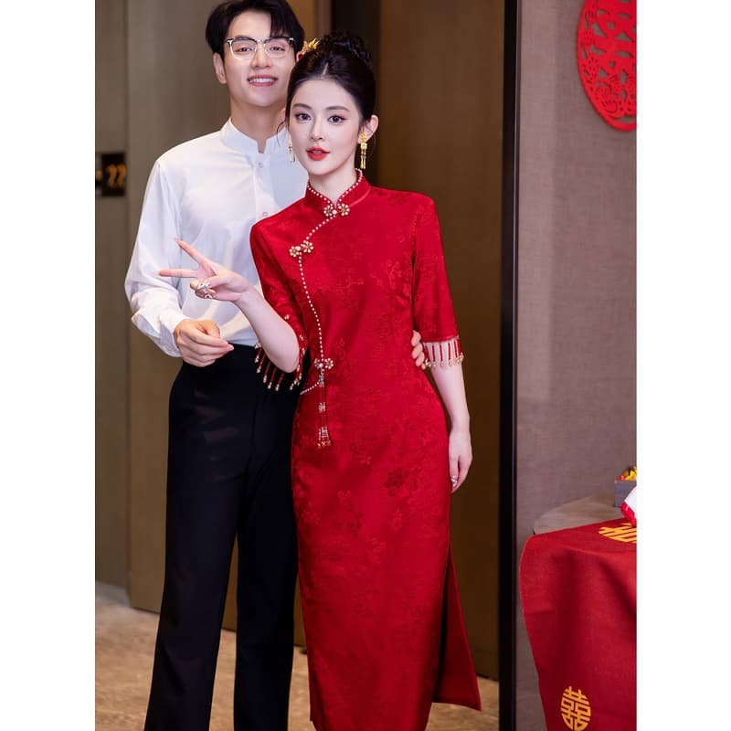 Qipao Toast Dress Bride Autumn/Winter Wedding Red New Chinese-Style Engagement Dress Skirt Petite Women Mid-Sleeve Return Home Outfit