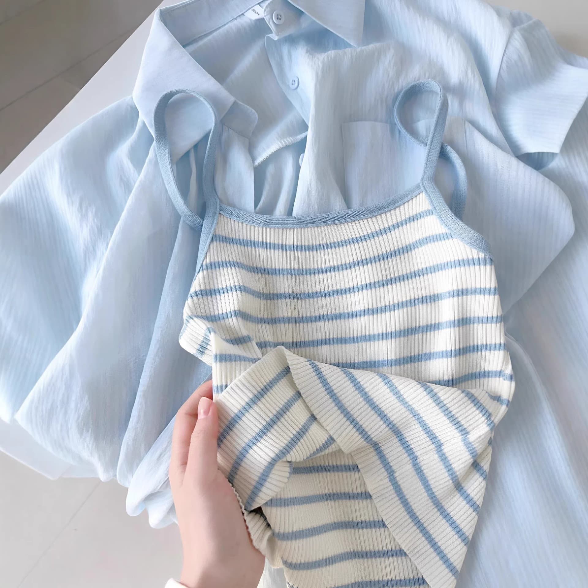 Salt-style Light Mature Women's Summer Striped Cropped Camisole Vest Breathable Thin Sun Protection Shirt Set