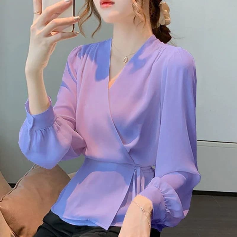 2026 Spring/Autumn New Trendy Tie-Waist Long-Sleeve Chiffon Blouse for Women Solid Color Shirt Cross Design