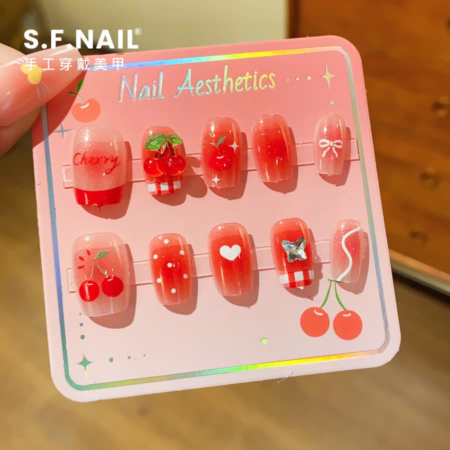 Children's Nail Stickers for Little Girls, 3D Cute Cherry Heart Removable Short-Style Wearable Nail Stickers for Girls