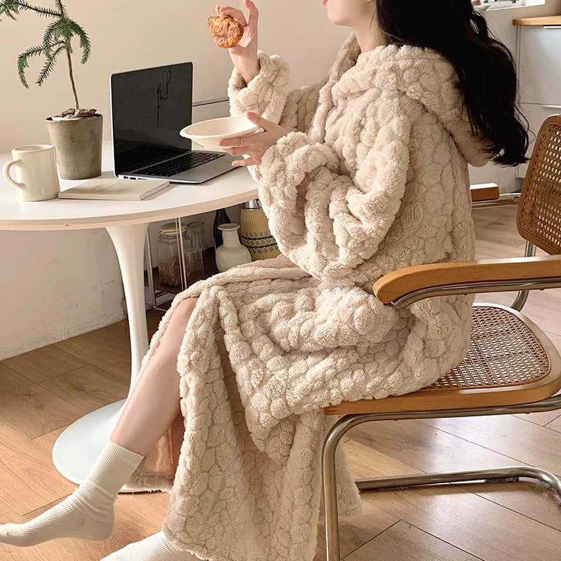 Popular Lazy Style Women's Flannel Open-Front Hooded Nightgown Long Robe Winter Loose Comfortable Coral Fleece Robe