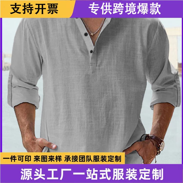 2026 Amazon Foreign Trade Men's Linen Stand-Up Collar Long-Sleeved T-Shirt Loose Sweatshirt Pure Color Long-Sleeved Cotton and Linen Shirt for Men