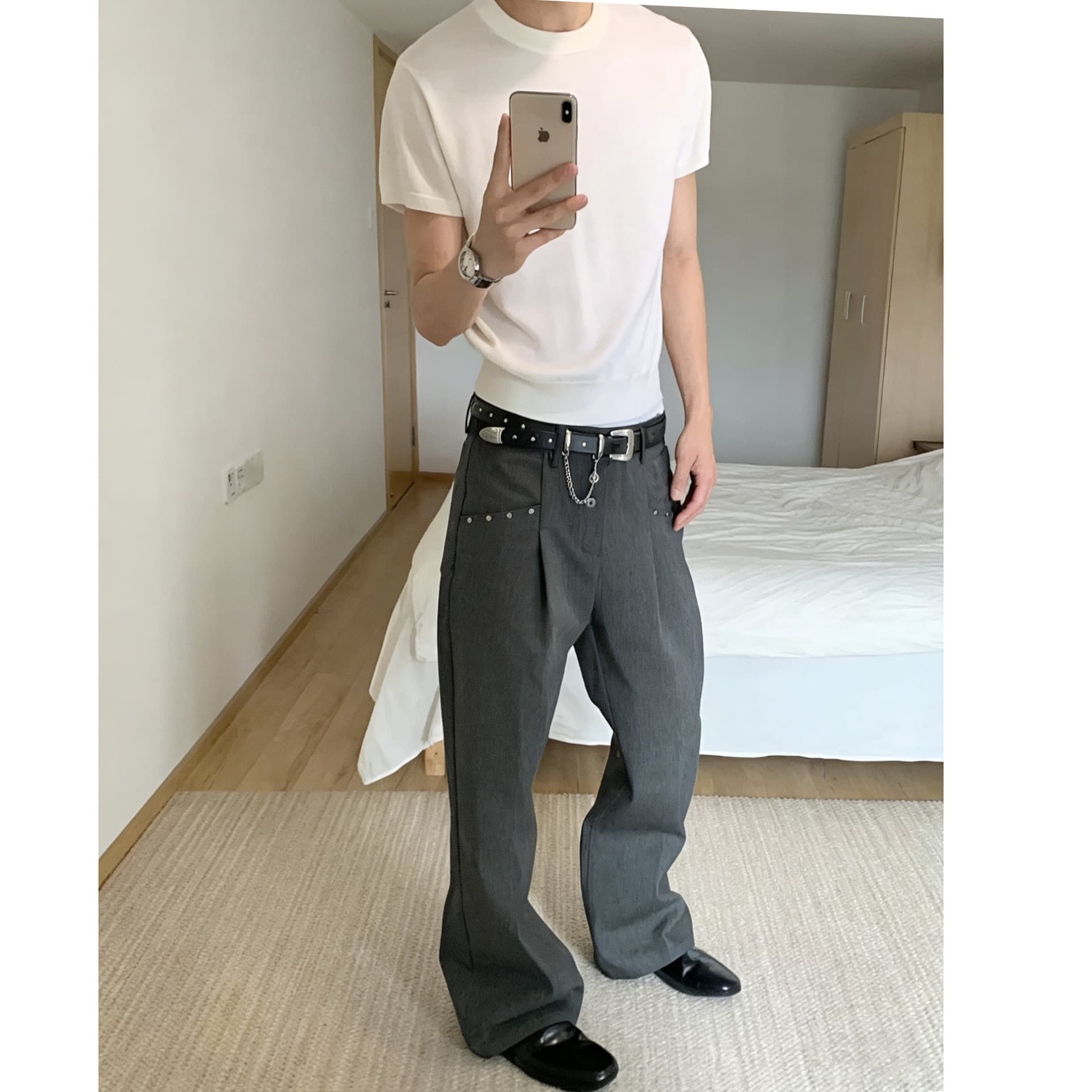 Rivet Slightly Flared Dress Pants Men Loose Wide Leg TR Fabric Premium Long Trousers Drape