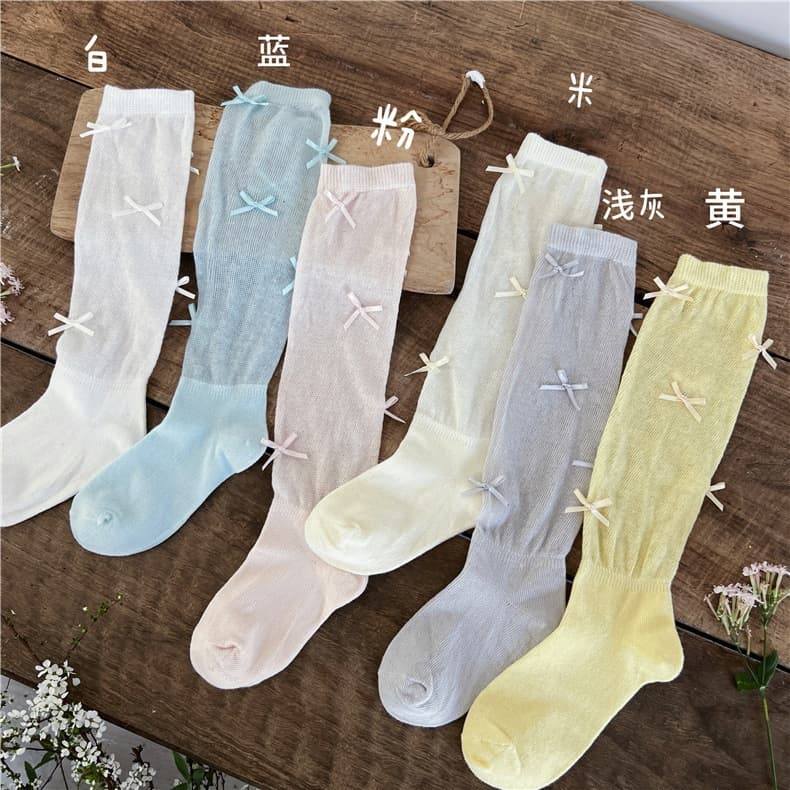 AMB1206 Summer Thin Girls' Stacking Socks Breathable Thin Cotton Socks with Multiple Butterfly Bows Sun-Protection Stylish Mid-Calf Socks