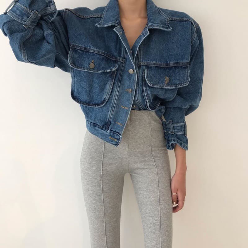 Korean Chic Autumn Loose Fit Notched Collar Multi-Pocket Washed Blue Puff Sleeve Cropped Denim Jacket for Women
