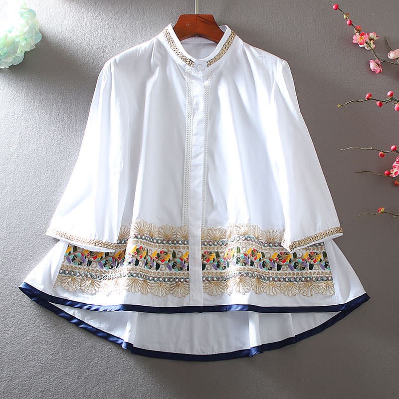 Original ethnic style fashionable heavy embroidery flower three-quarter sleeve loose A-line version cape shirt top spring