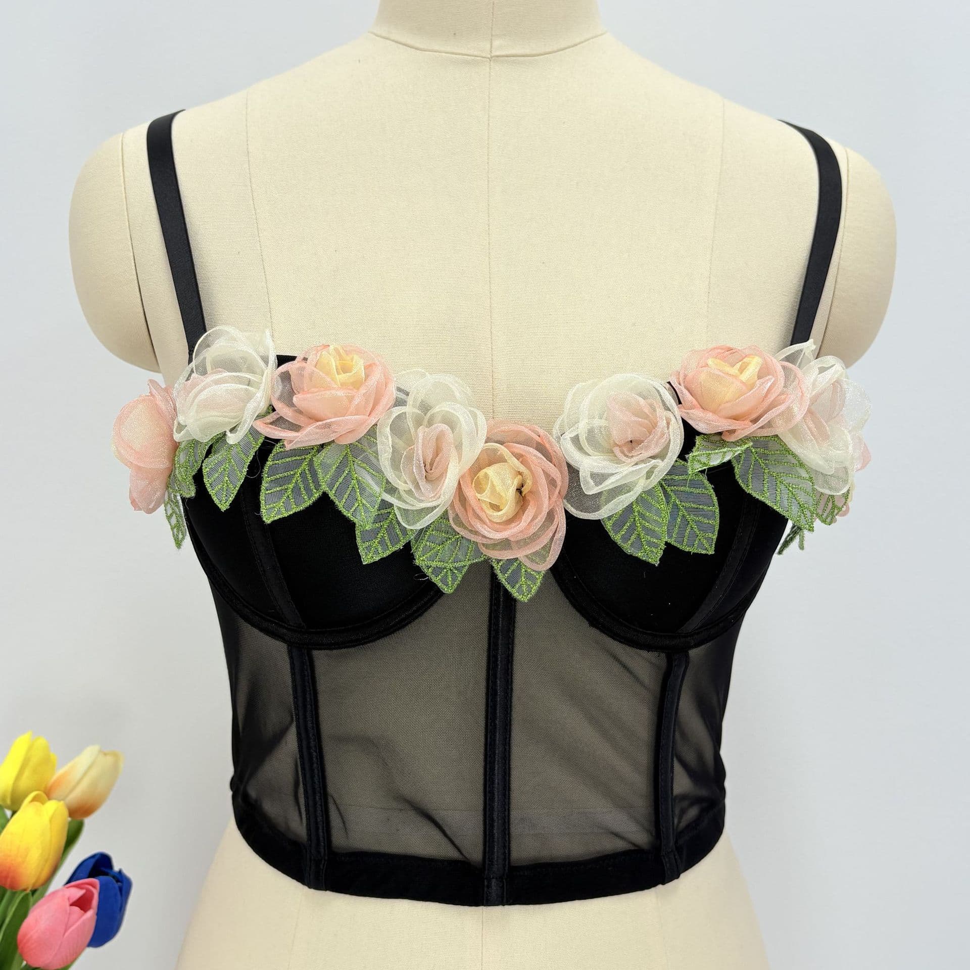 Foreign trade 3D floral halter top, suitable for stage performances, featuring a beautiful back, fishtail boning, and a sexy, colorful floral blouse for women.