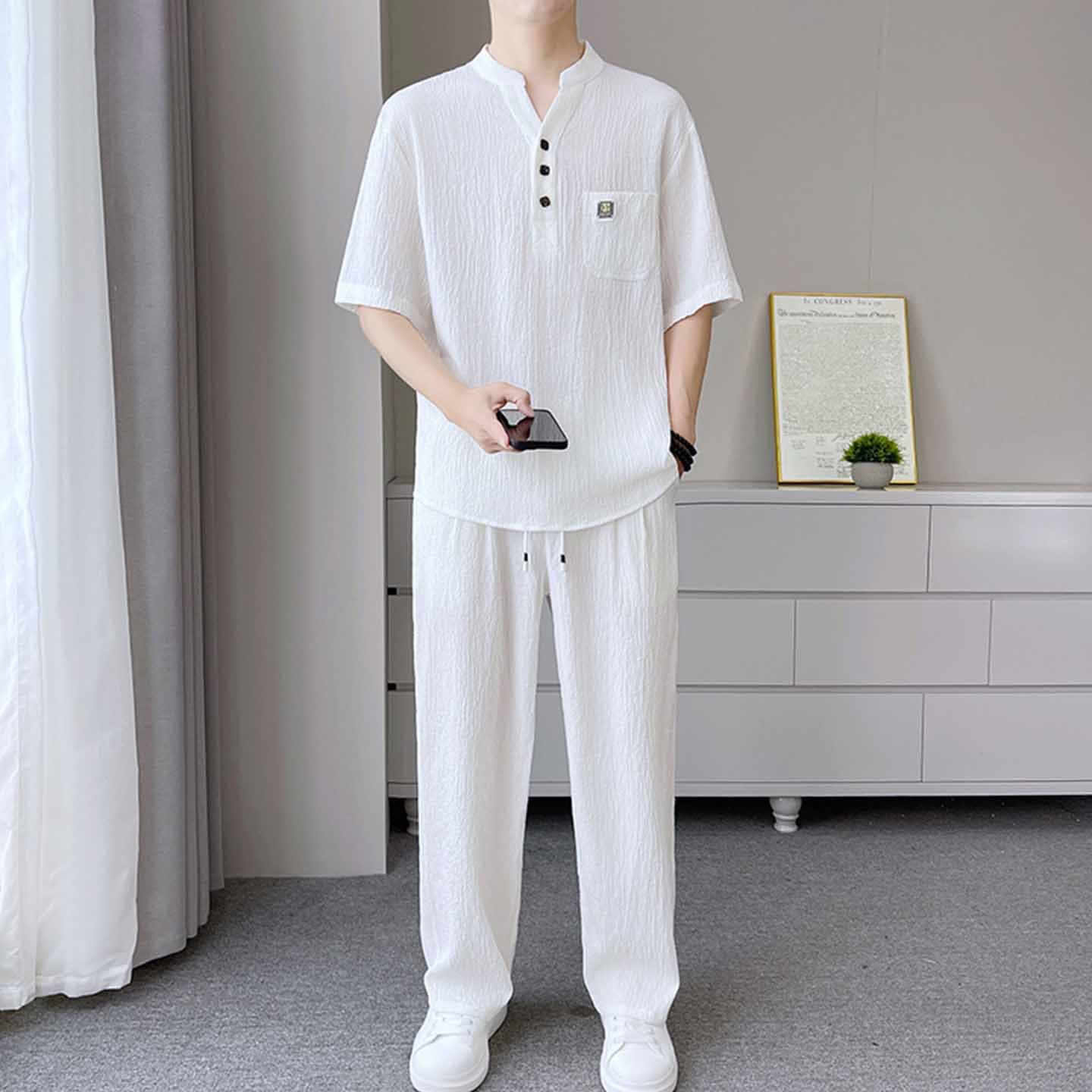 Men's summer short-sleeved stand-collar T-shirt two-piece set for fat men, extra large size, loose and breathable summer casual sports suit