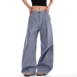 2025 New Pleated Blue Plaid Pants Thin Casual Pants for Women Summer American Style Relaxed Loose Wide Leg Pants
