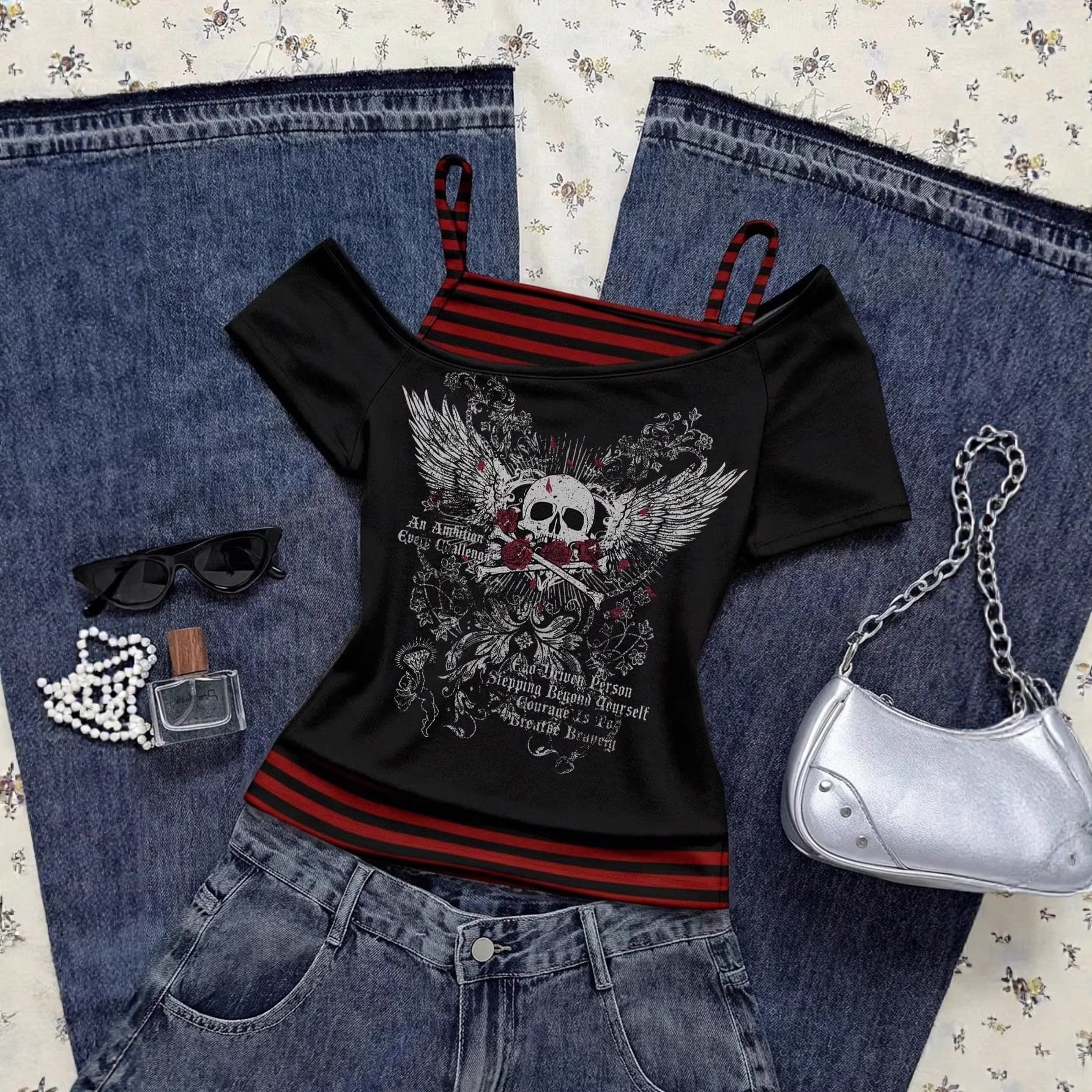 Vintage American Spring Style Patchwork Faux Two-Layer Printed Short Sleeve T-Shirt Basic Pullover Round Neck Slim Fit Ins Top