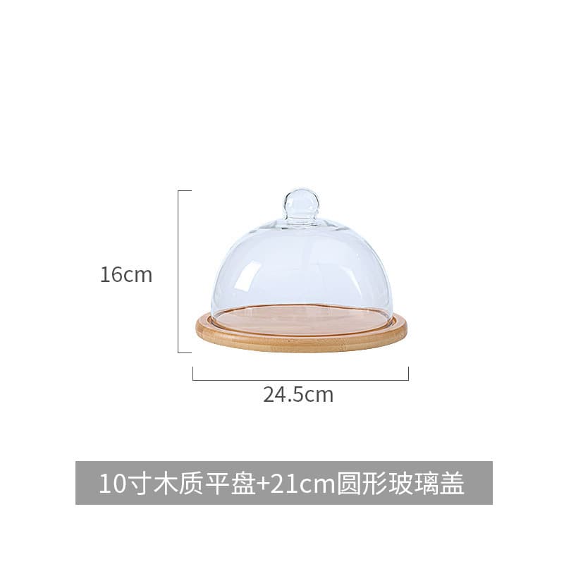 Glass Transparent Cover Wooden Tray Afternoon Tea Cake Dome Pastry Tray Cake Plate Fruit Dessert Plate Dust Cover