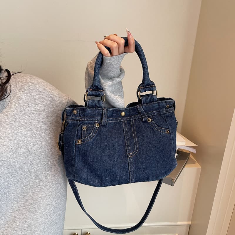 Retro washed denim bag for women, large capacity, versatile, casual, commuting bucket bag, handbag, school bag, crossbody bag