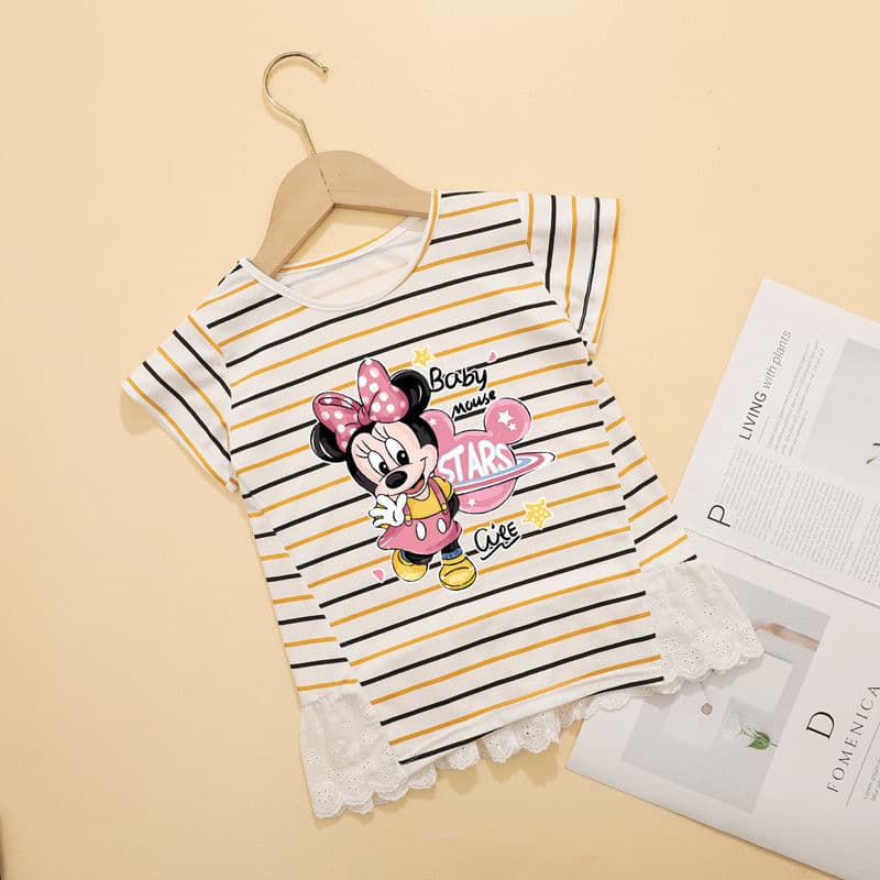 Girls Striped T-Shirt Super Fairy Kids Short Sleeve Tunic Dress Cartoon Mouse Clothes Summer
