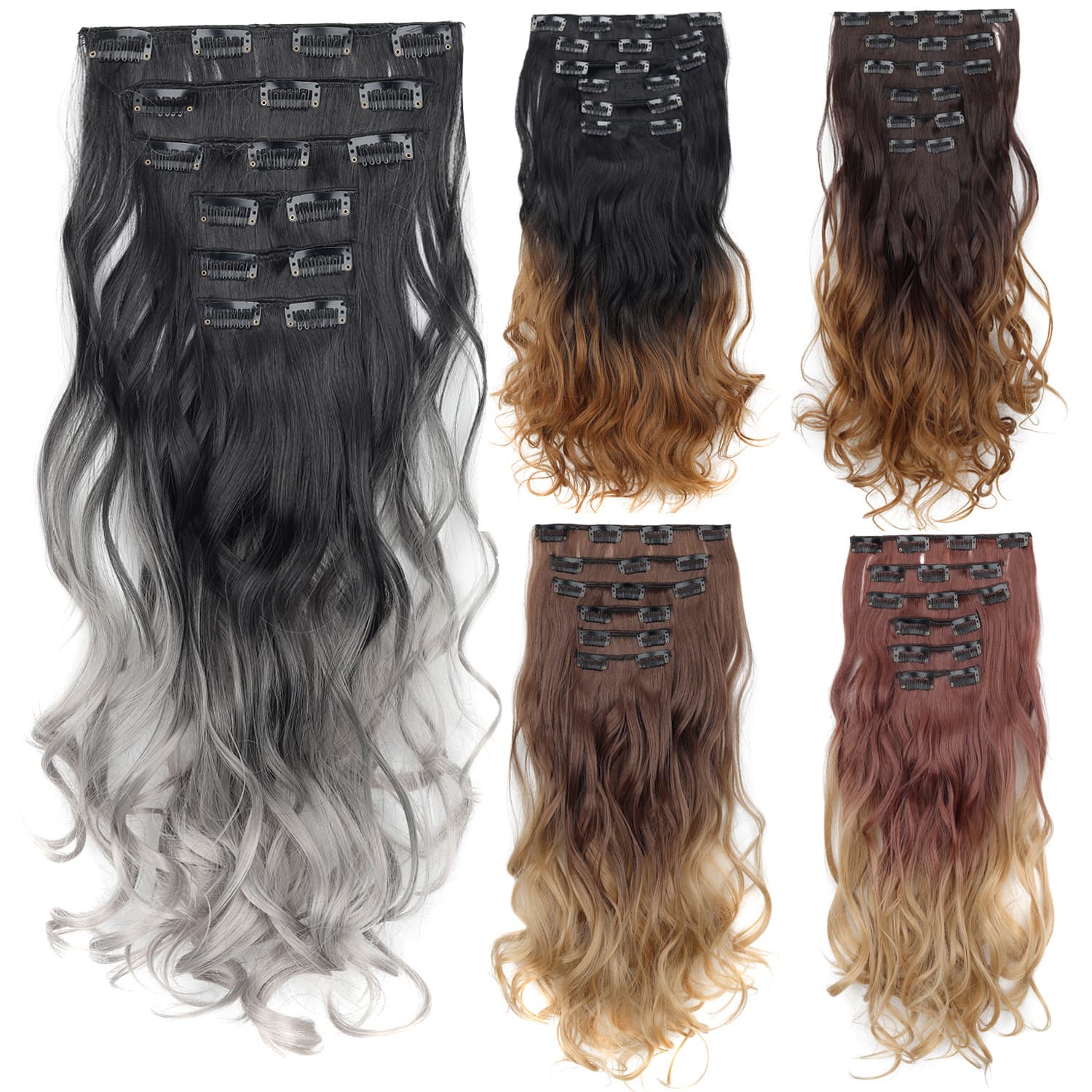 6-Pack Hair Clips Curly Hair Extensions Long Curly Clip-In Hair Pieces Color Gradient 16-Clip Hair Extension Set