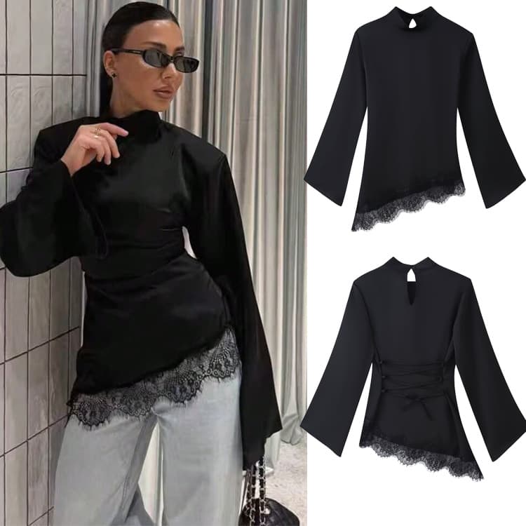 Cross-Border Women's Fashion European and American Style New Black Lace Patch Long Sleeve Turtleneck T-Shirt High Waist Slimming Elegant Top