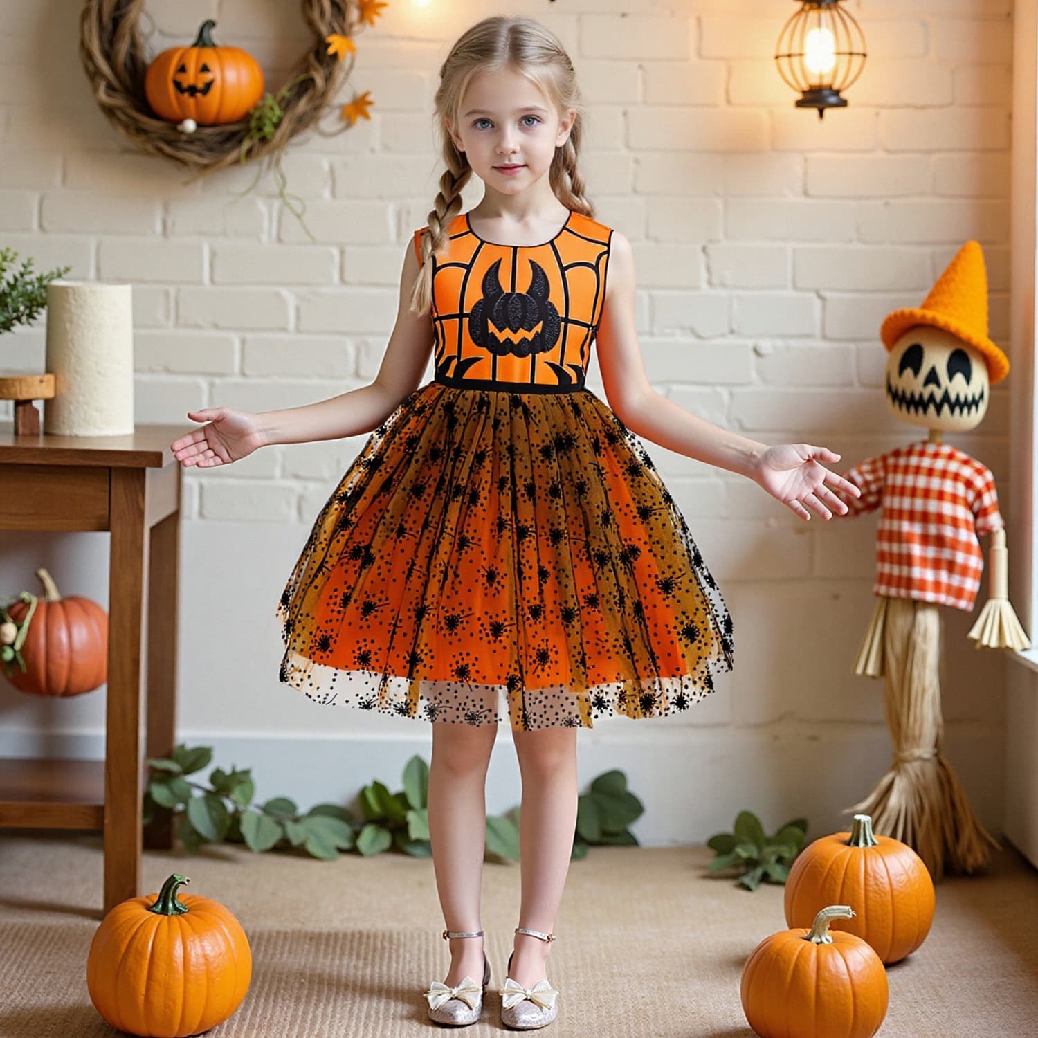 New Halloween Tutu Puffy Skirt, Spider Pumpkin Mesh Dress, Skeleton Witch Party Performance Dress