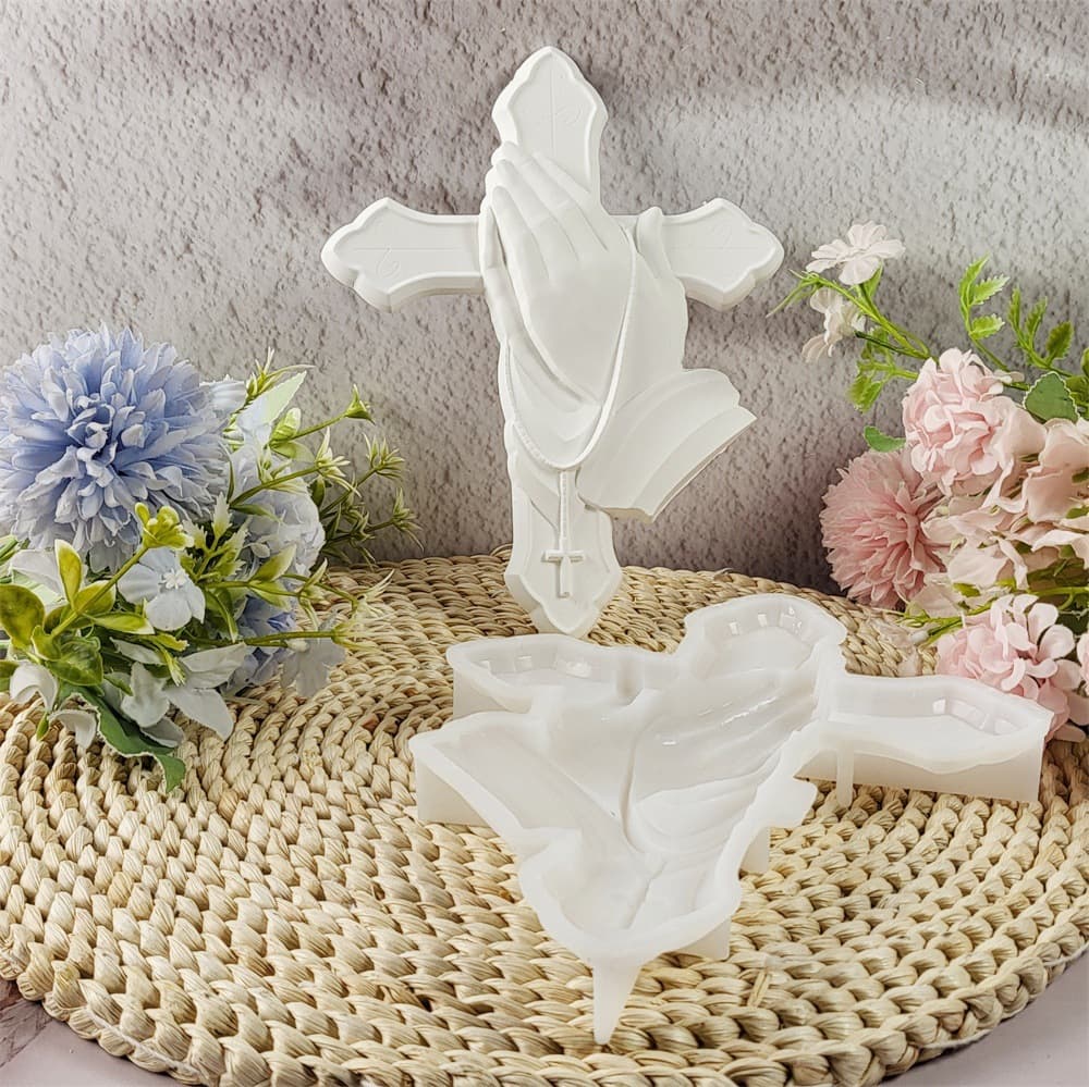 S1000 Hands Together Cross Semi-3D Wall Hanging Decoration Cement Plaster Mold DIY Silicone Mold